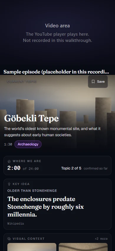 SeeWith on a phone: the video pinned at the top, the tabs beneath it and the Topic view stacked below.