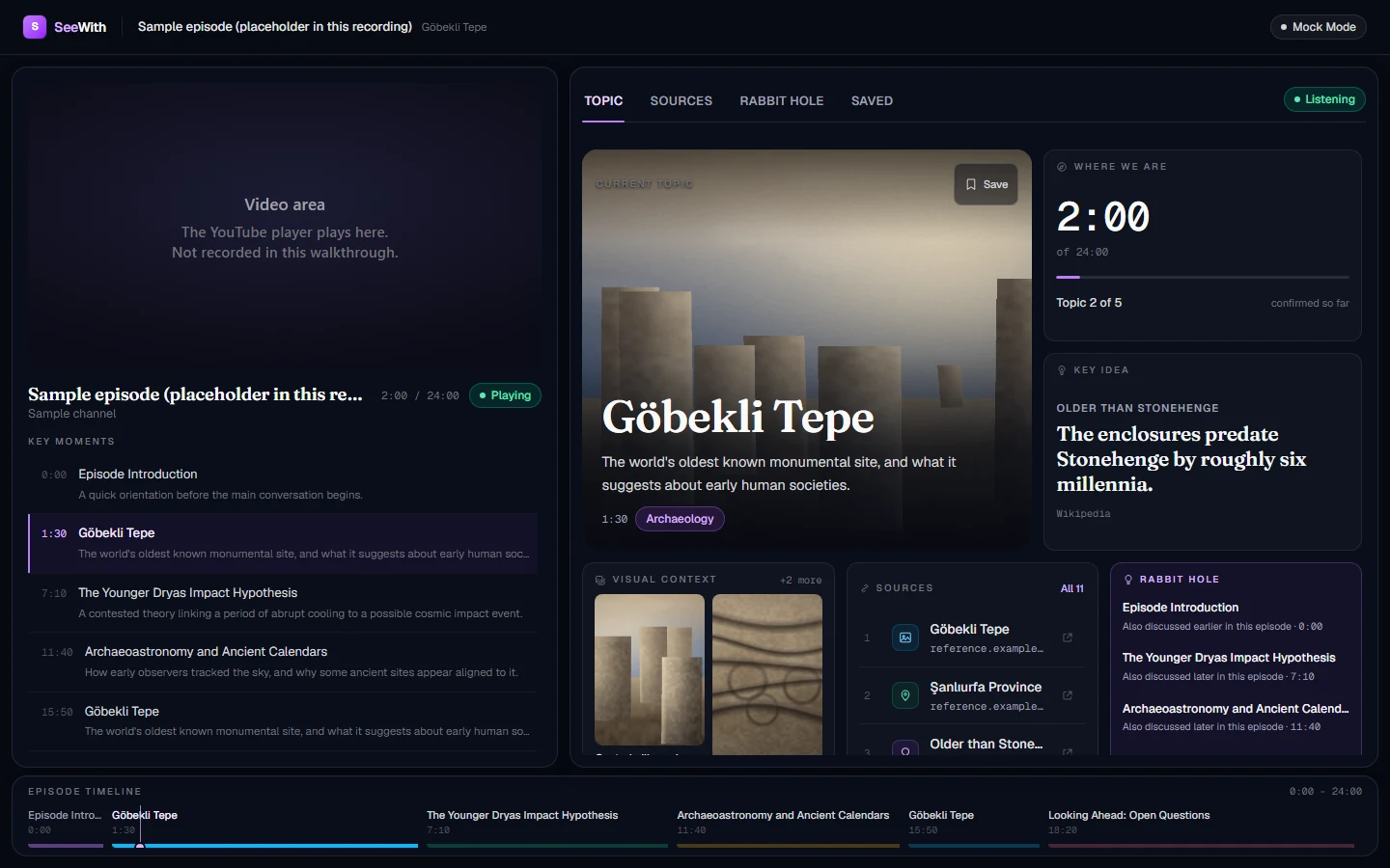 The SeeWith workspace on a desktop: the video and key moments on the left, the Topic view on the right with a hero image, where-we-are, a key idea, visual context, sources and a Rabbit Hole module, and the episode timeline below.